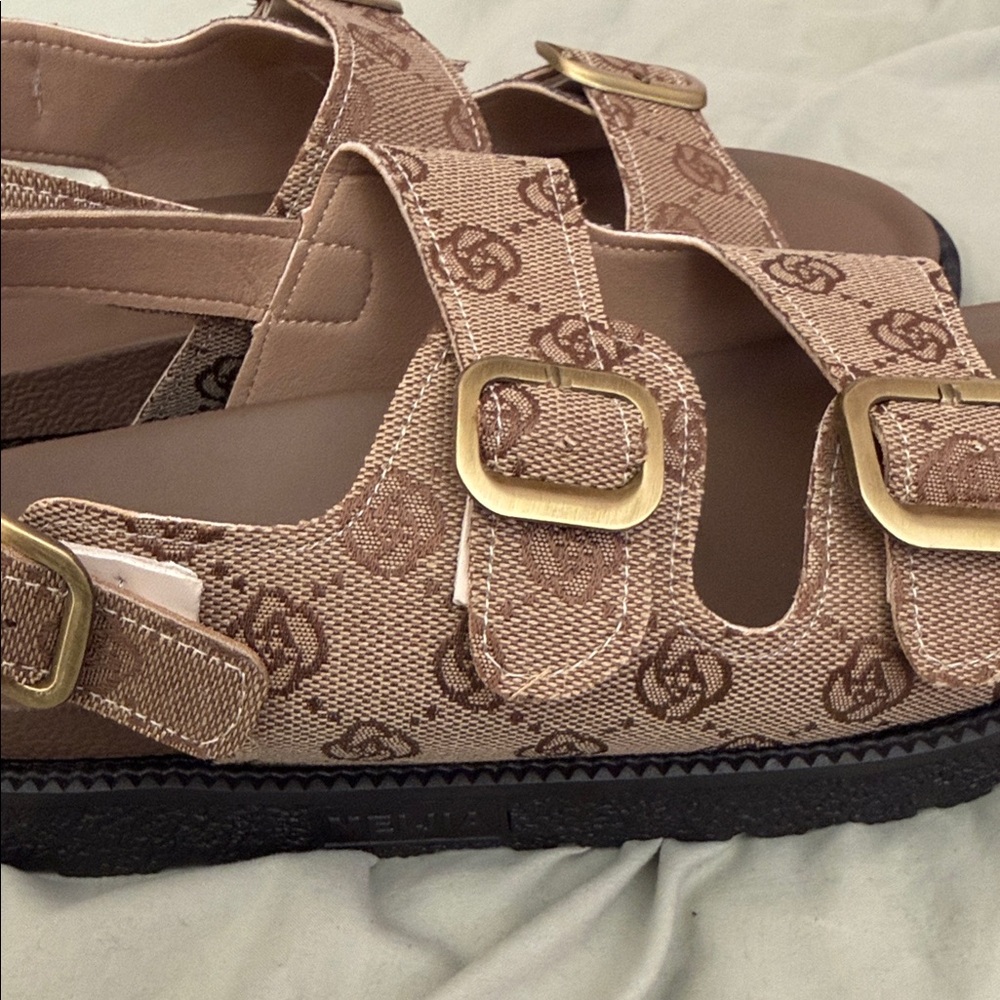 SHEIN Women's Tan Sandals with Gold Buckles